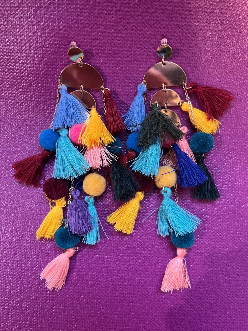 Colorful Tassel & Pom Pom Statement Earrings - Multicolor